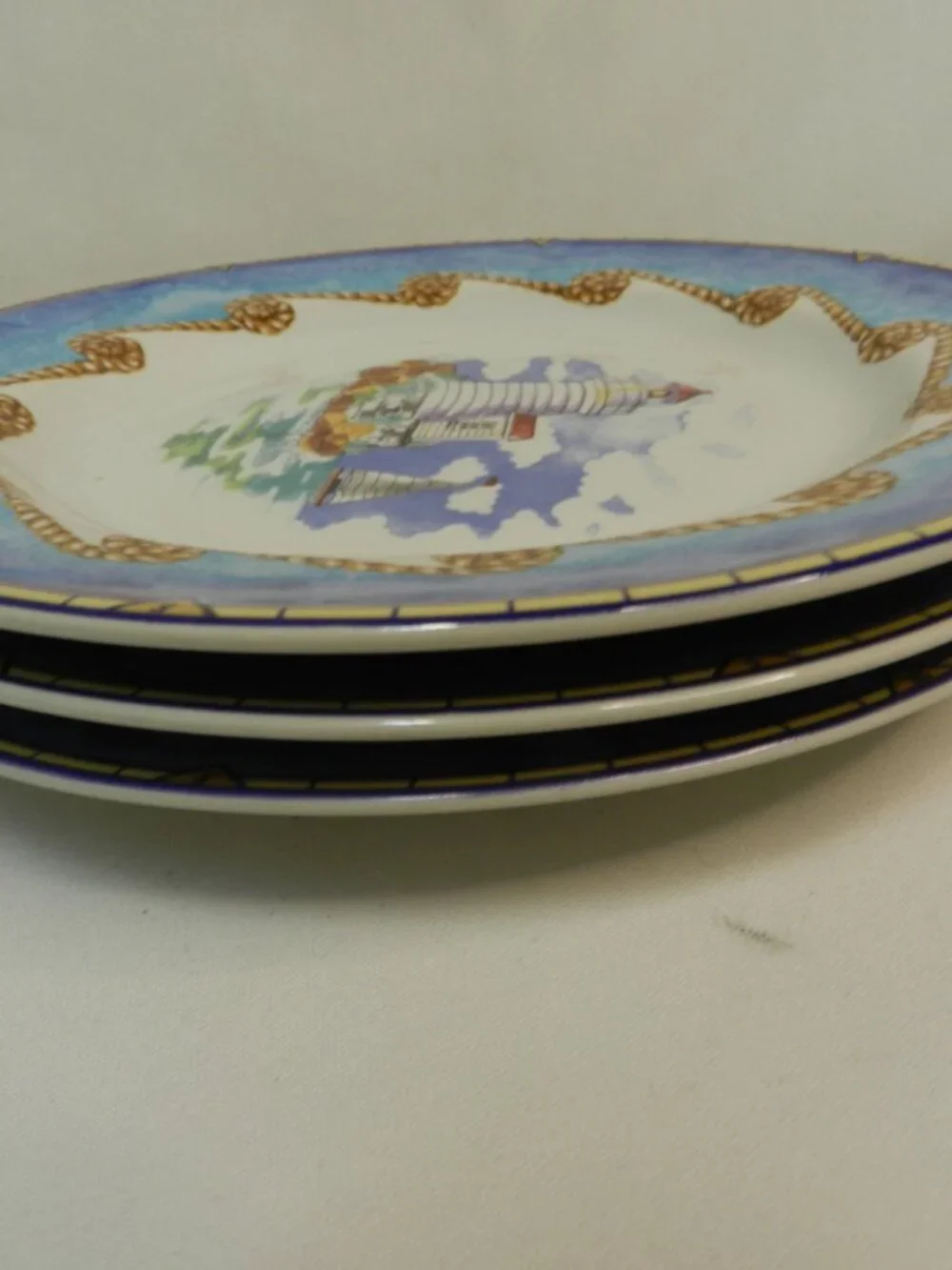 Fitz & Floyd Omnibus Shoreline salad starter plate Set 3 Lighthouse Nautical